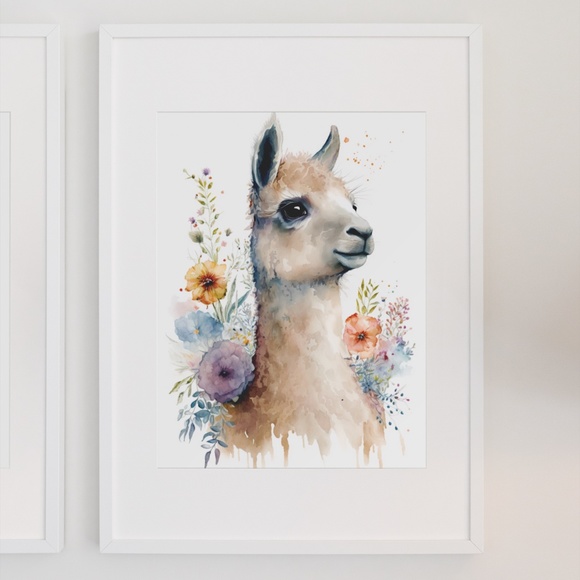 Watercolor Cute Floral Llama Wall Art Illustration Print Poster Card Unframed - Picture 3 of 6